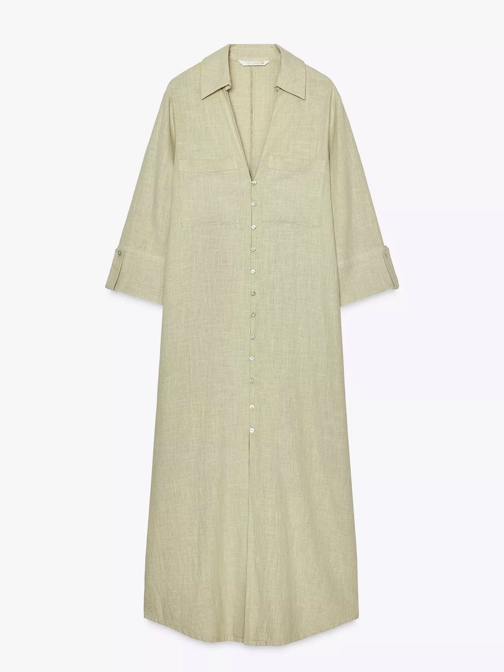 Zara Light Sage Green Button-Front Maxi Shirt Dress